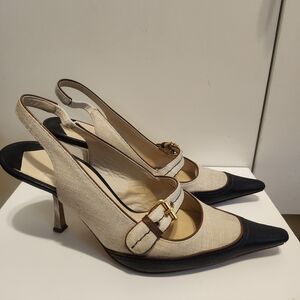 Vintage VG Givenchy Canvas Leather Buckle Kitten Heels Pointy Toe Sz 7.5 Italy
